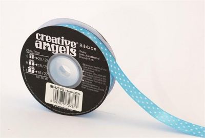 Saténová stuha, 15 mm x 22 m, svetlomodrá s bielymi bodkami