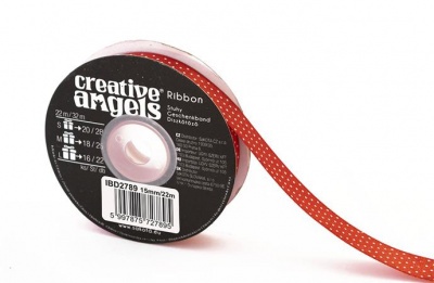 Saténová stuha, 15 mm x 22 m, červená s bielymi bodkami