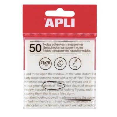 Samolepiaci bloček, priehľadný, vodeodolný, 75x75 mm, 50 listov, APLI, číra
