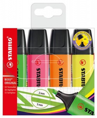 Zvýrazňovač, sada, 2-5 mm, STABILO "BOSS original", 4 rôzne farby