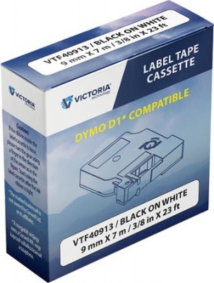 Páska do štítkovača 9 mm x 7 m, kompatibilta: DYMO D1, VICTORIA TECHNOLOGY, biela-čierna